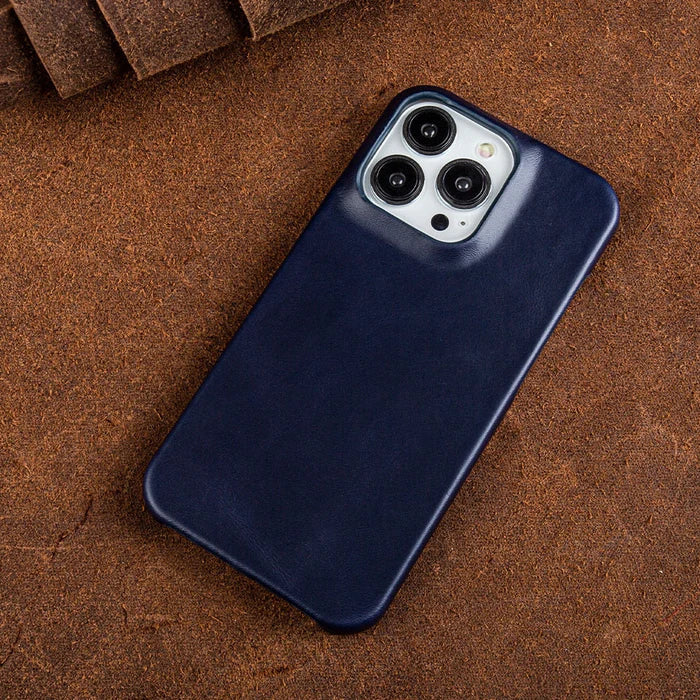Dark leather iPhone protective cover, shock-absorbing for Apple iPhone, wireless charging.
