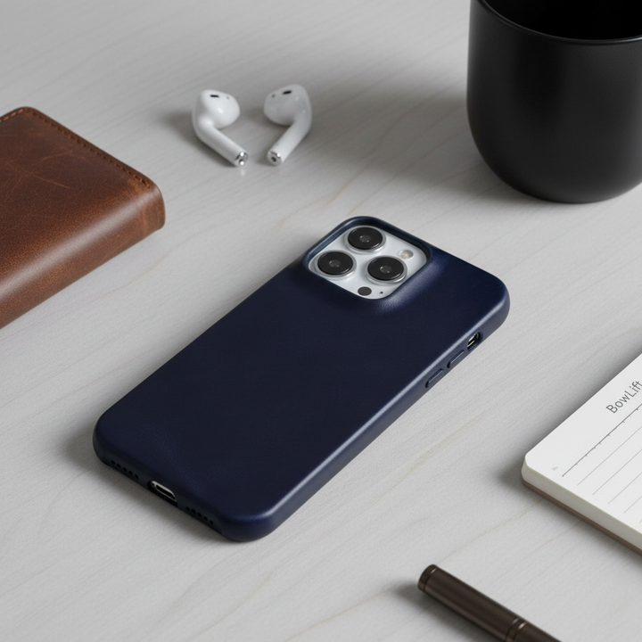 Chocolate brown leather iPhone case with shock-absorbing protection, slim fit for Apple iPhone.