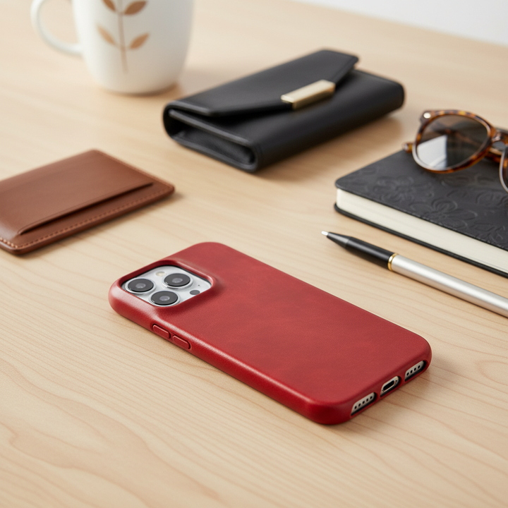 Black leather iPhone protective case, shock-absorbing & wireless charging compatible device accessory.