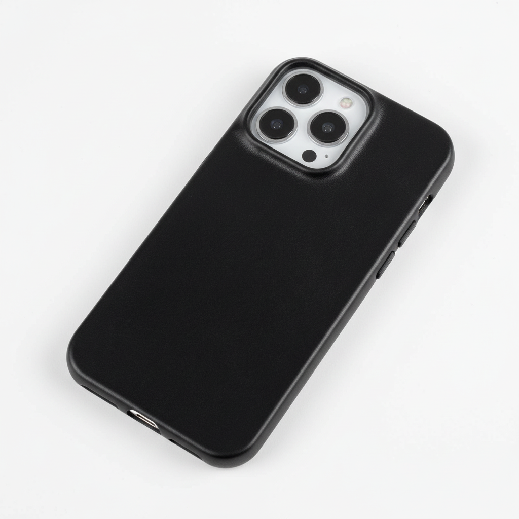 Slim leather iPhone case, shock-absorbing, supports wireless charging for Apple iPhone models.
