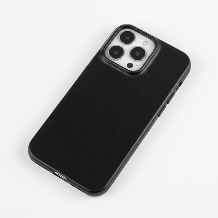 Slim leather iPhone case, shock-absorbing, supports wireless charging for Apple iPhone models.