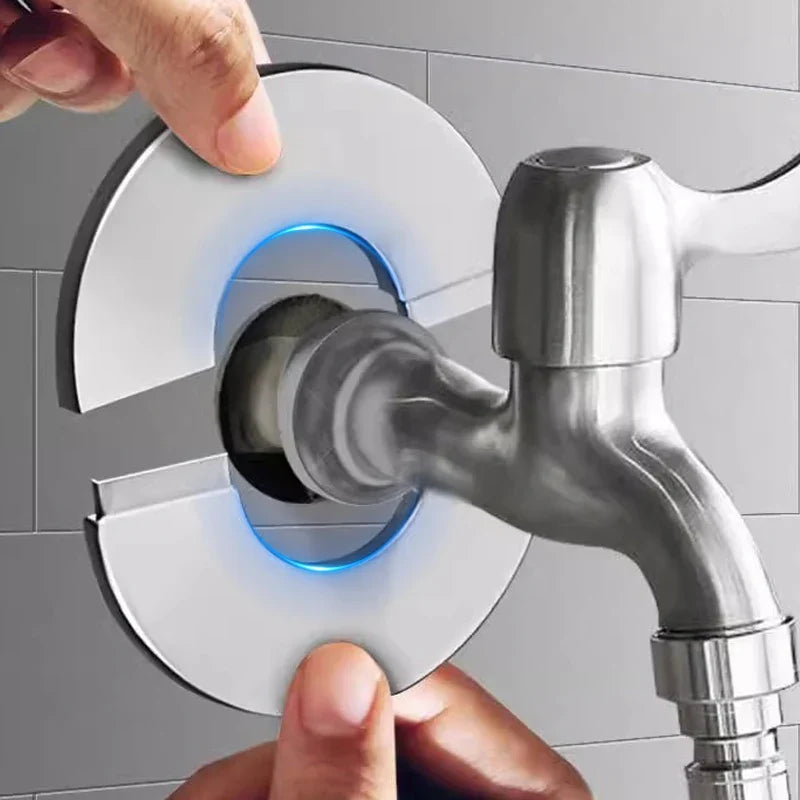 Universal stainless steel self-adhesive faucet pipe cover plate. Chrome finish plumbing accessory.