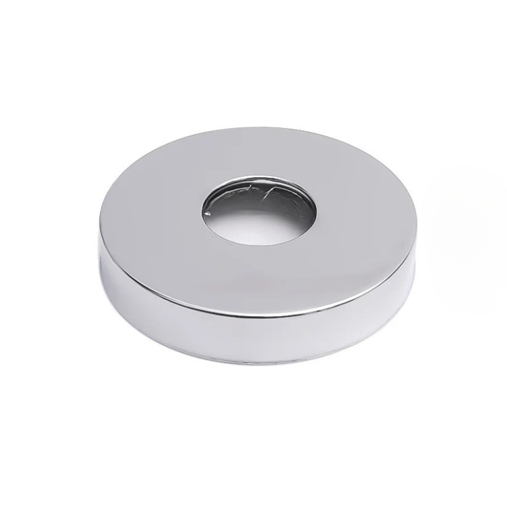 Universal self-adhesive faucet pipe cover plate. Stainless steel chrome finish bathroom plumbing accessory.