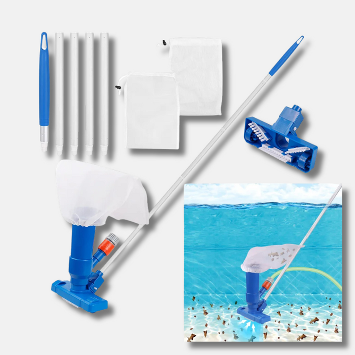 Universal pool cleaner vacuum & skimmer set. Essential pool accessories for efficient above-ground & in-ground pool maintenance.