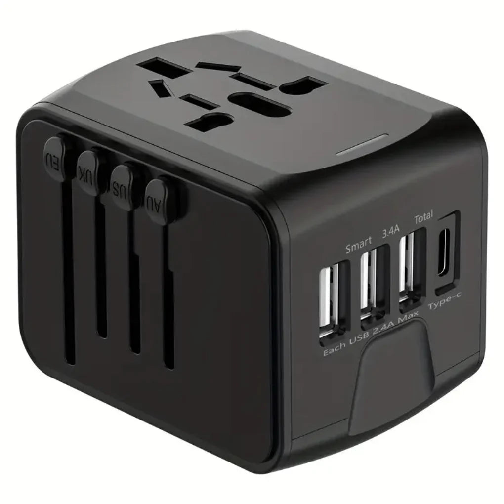 Universal travel adapter with US/EU/UK/AU plugs, USB-C fast charging, and surge protector for global connectivity.