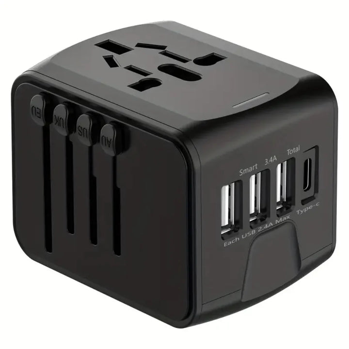 Universal travel adapter with US/EU/UK/AU plugs, USB-C fast charging, and surge protector for global connectivity.