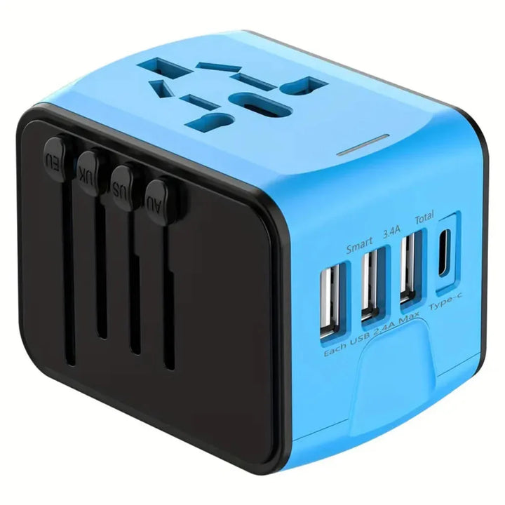 Compact all-in-one international travel adapter with multiple USB ports & fast charging for worldwide power needs.