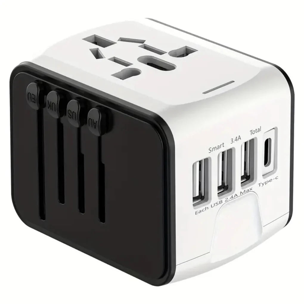 Global travel charger with built-in surge protector, USB-C, and universal plugs for safe international use.