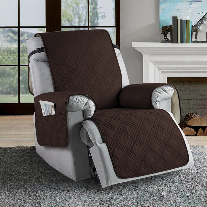 Living room recliner with a tan universal water-resistant slipcover, pet-friendly furniture protector.