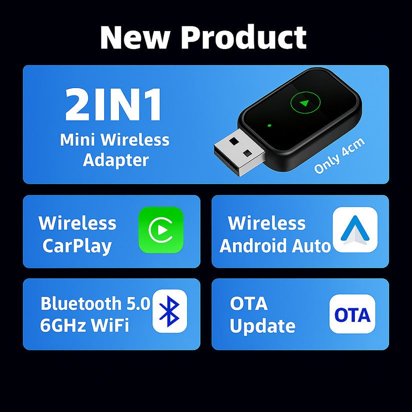Plug & play wireless CarPlay/Android Auto adapter, enhancing car connectivity for navigation & apps.