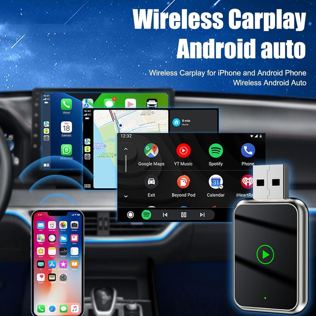 Smart car wireless adapter for CarPlay & Android Auto, offering auto connectivity & multimedia access.