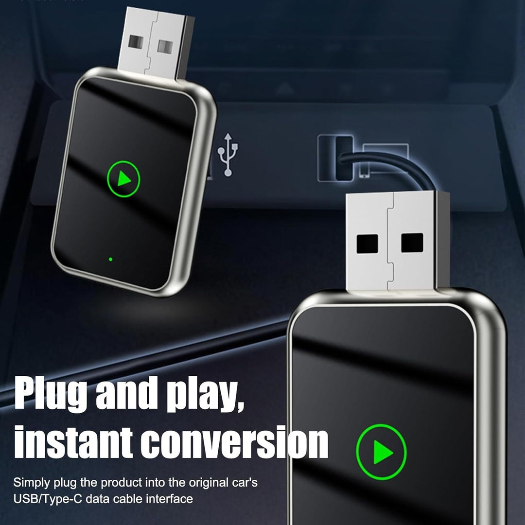 Compact wireless adapter enabling CarPlay & Android Auto for enhanced in-car navigation & entertainment.