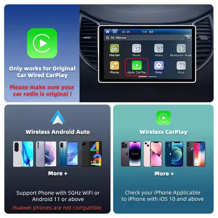 Wireless CarPlay & Android Auto car adapter for easy navigation, multimedia, and smart connectivity.