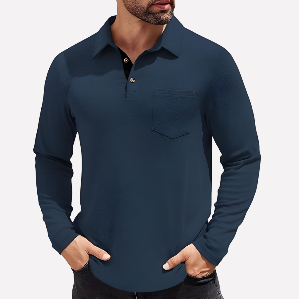 Valmonti men's long sleeve polo shirt, casual fit, with a chest pocket, ideal for everyday wear.