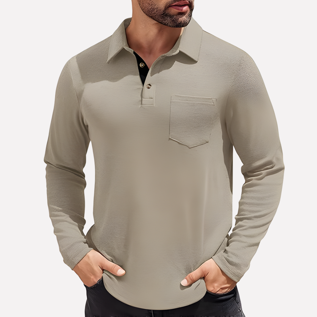 Men's long sleeve polo top by Valmonti, chest pocket, casual fit, suitable for many occasions.
