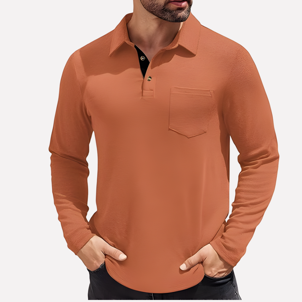 Smart casual men's long sleeve polo from Valmonti, versatile, features a handy chest pocket.