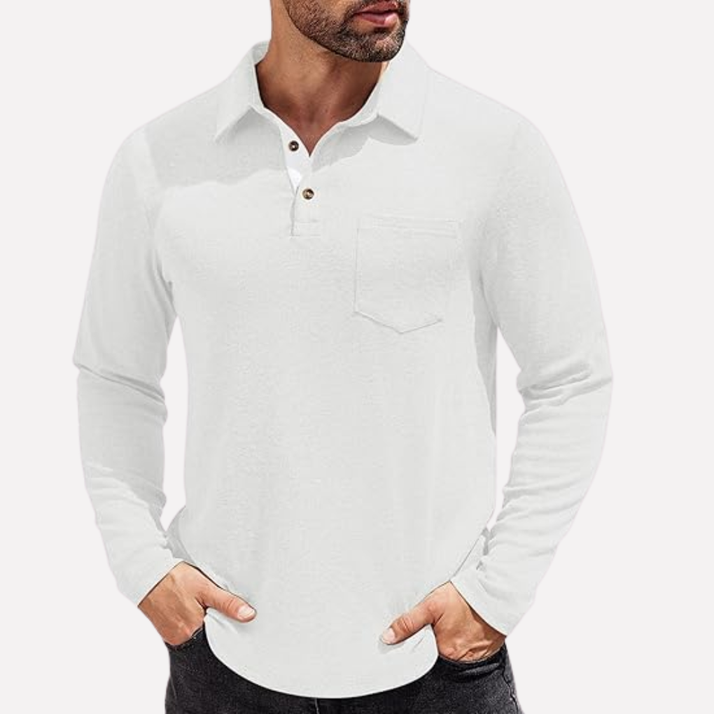 Valmonti men's long sleeve polo shirt, casual fit for comfort, with a practical chest pocket.