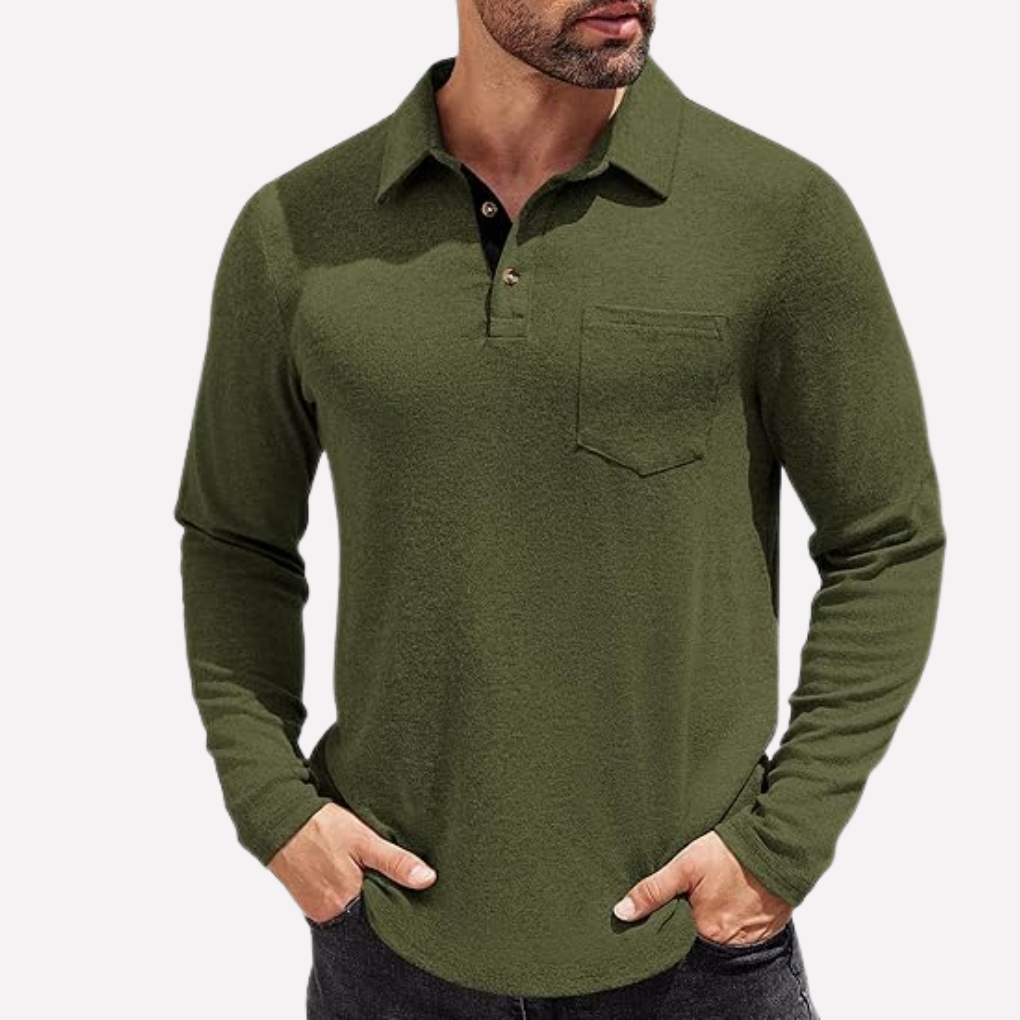 Men's everyday long sleeve polo shirt, Valmonti brand, stylish chest pocket, smart casual look.