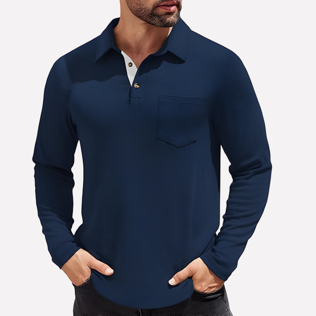 Men's smart casual long sleeve polo, Valmonti, featuring a practical chest pocket, versatile.