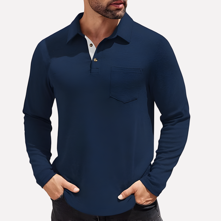 Men's smart casual long sleeve polo, Valmonti, featuring a practical chest pocket, versatile.