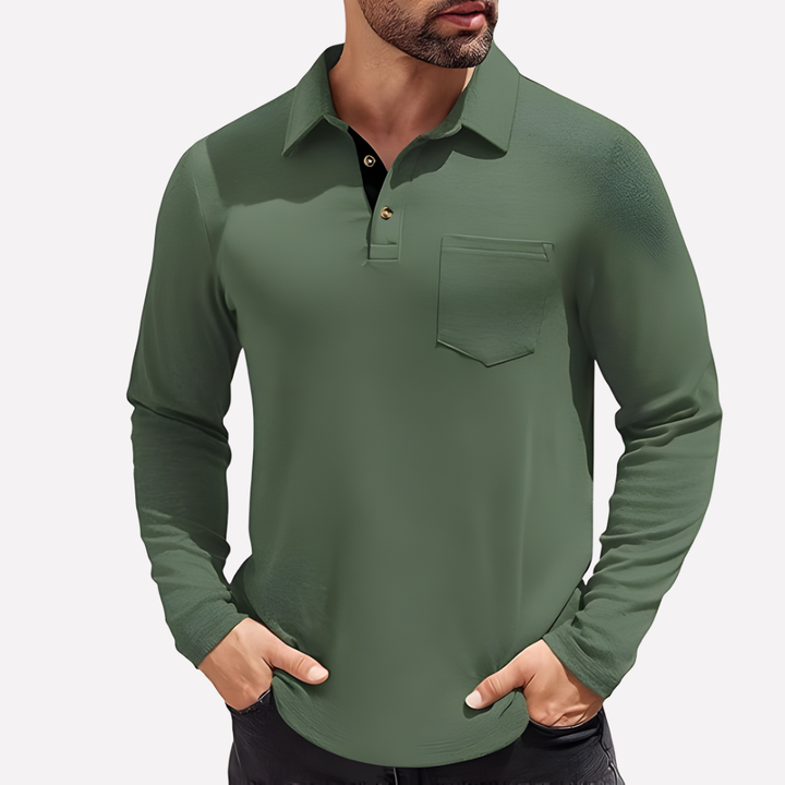 Versatile men's long sleeve polo top, Valmonti, with chest pocket, great for smart casual looks.
