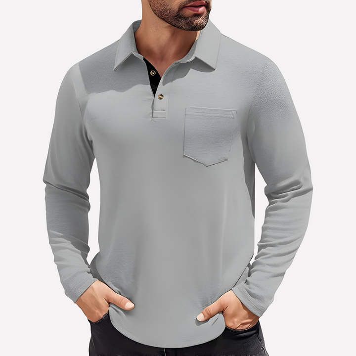 Valmonti long sleeve polo for men, casual fit, chest pocket detail, comfortable everyday wear.