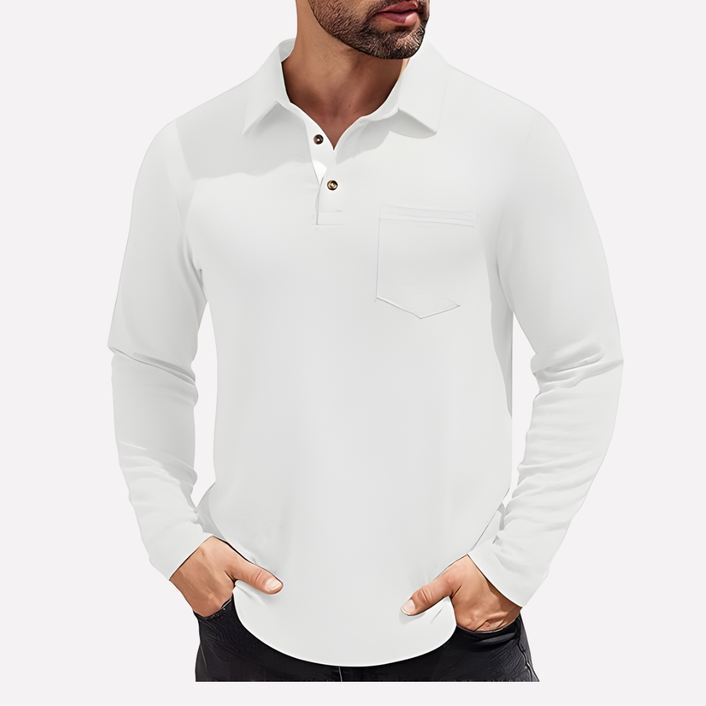 Smart casual Valmonti men's long sleeve polo, everyday wear, featuring a convenient chest pocket.