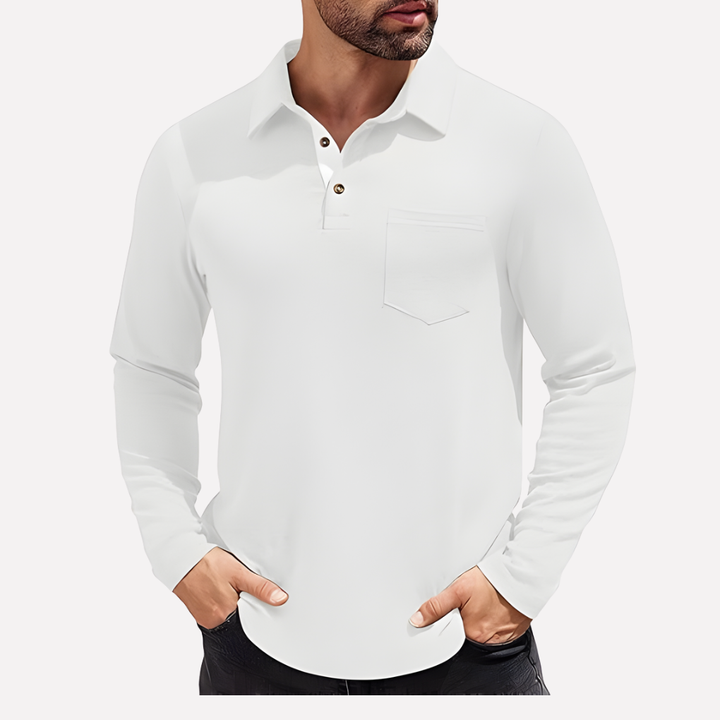 Smart casual Valmonti men's long sleeve polo, everyday wear, featuring a convenient chest pocket.