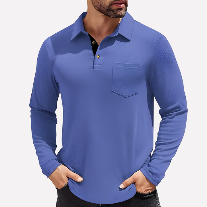 Everyday men's long sleeve polo shirt, Valmonti, casual and versatile, includes a chest pocket.