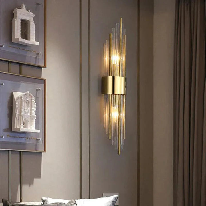 Illuminated Veloria Crystal Wall Sconce: Bright LED accent light, perfect for modern hallway & bedroom.