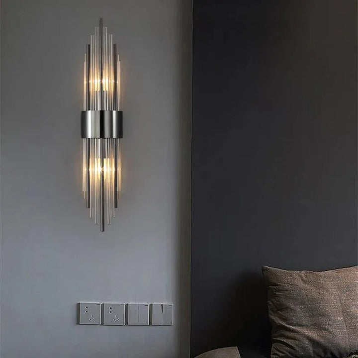 Veloria Modern Wall Sconce in Hallway: Stylish crystal LED lighting for a sophisticated interior.