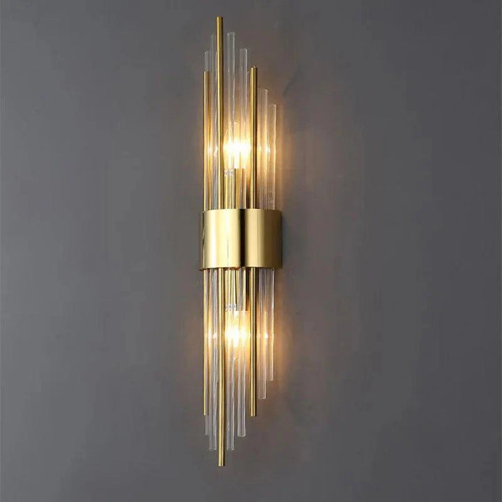 Veloria Crystal Wall Sconce in Bedroom: Elegant LED accent light, enhancing modern bedroom decor.