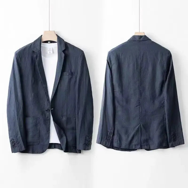Full shot of men's versatile two-piece suit, showcasing its elegant drape and comfortable, relaxed fit.