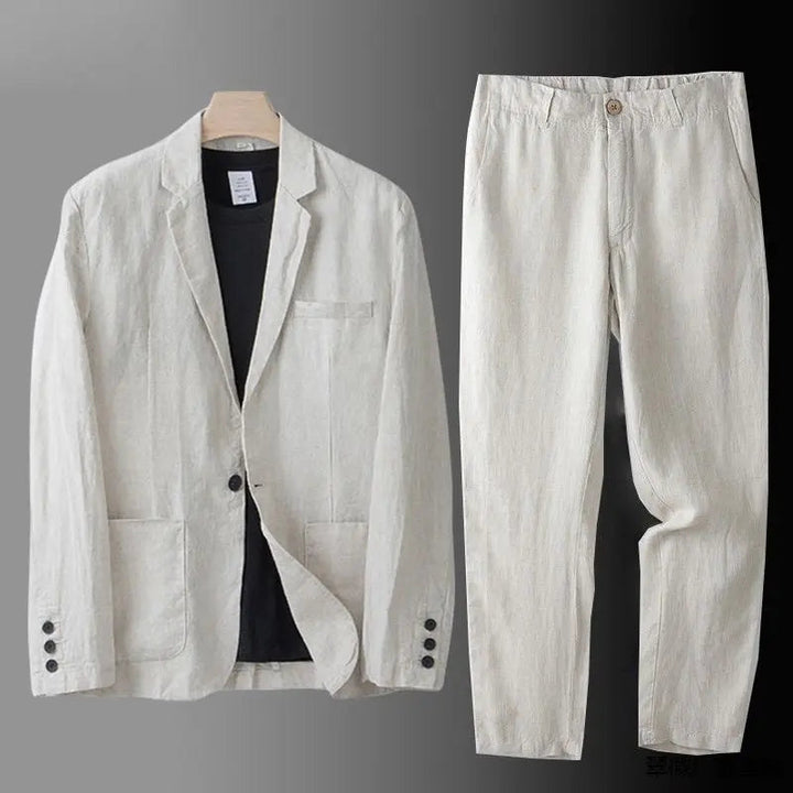 Beige men's two-piece suit with elastic waist pants, ideal for comfortable business casual or relaxed spring wear.
