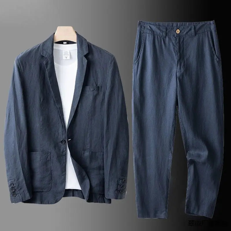 Blue men's versatile two-piece suit, a comfortable spring outfit with a modern fit for business or casual.