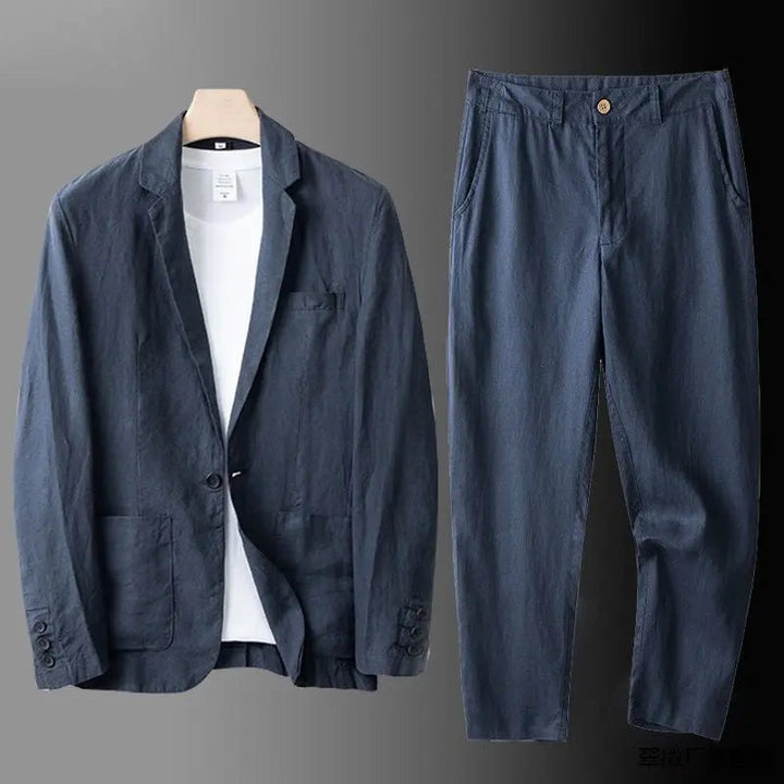 Blue men's versatile two-piece suit, a comfortable spring outfit with a modern fit for business or casual.