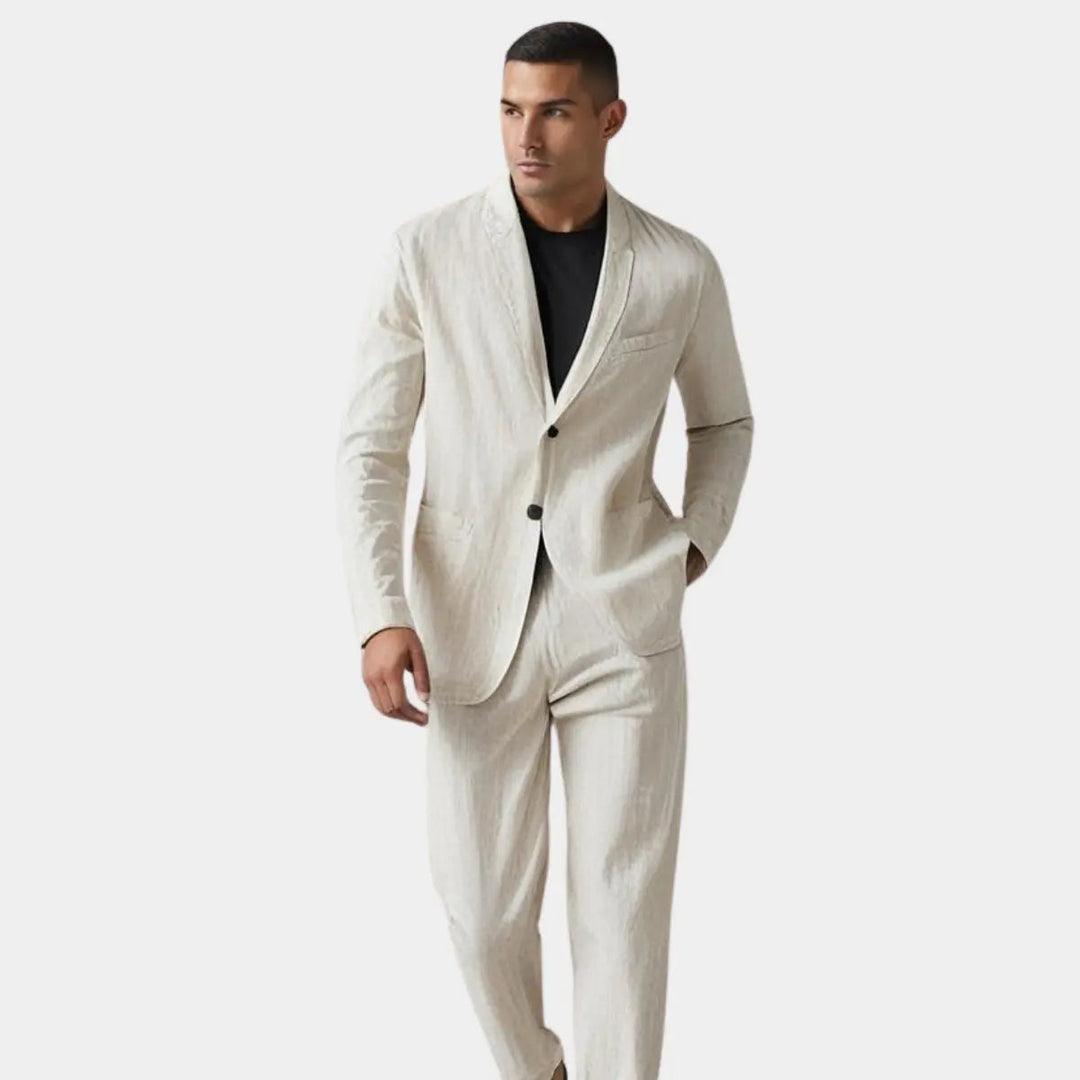 Close-up of comfortable men's two-piece suit, highlighting elastic waist pants for maximum all-day comfort.