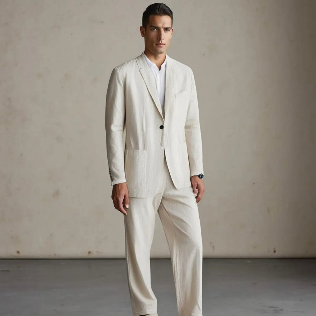 Stylish men's business casual two-piece suit in a neutral tone, combining professionalism with comfort.