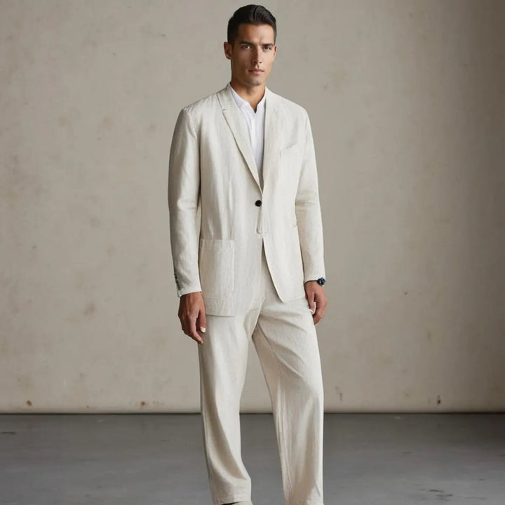 Stylish men's business casual two-piece suit in a neutral tone, combining professionalism with comfort.