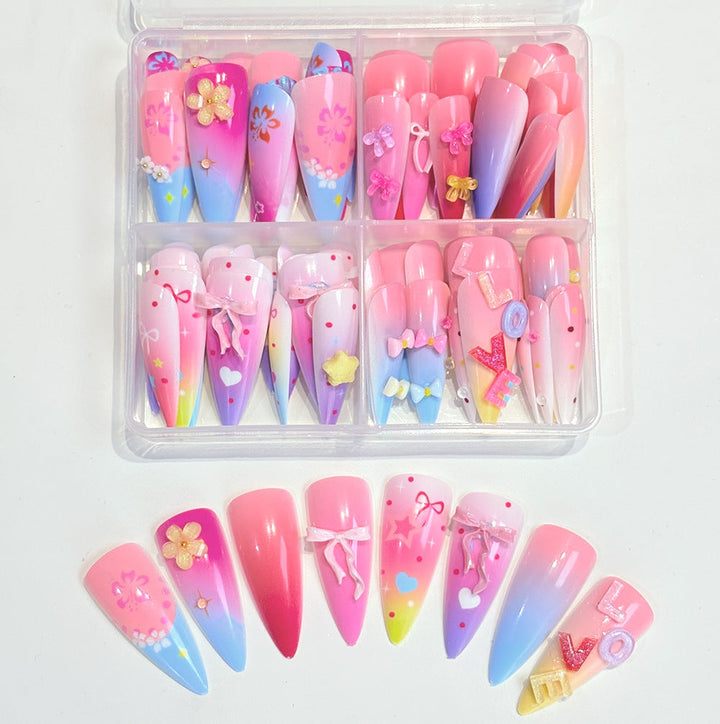 Vibrant artistic press-on nails for women, featuring unique designs for expressive and fashionable nail art. Easy application.