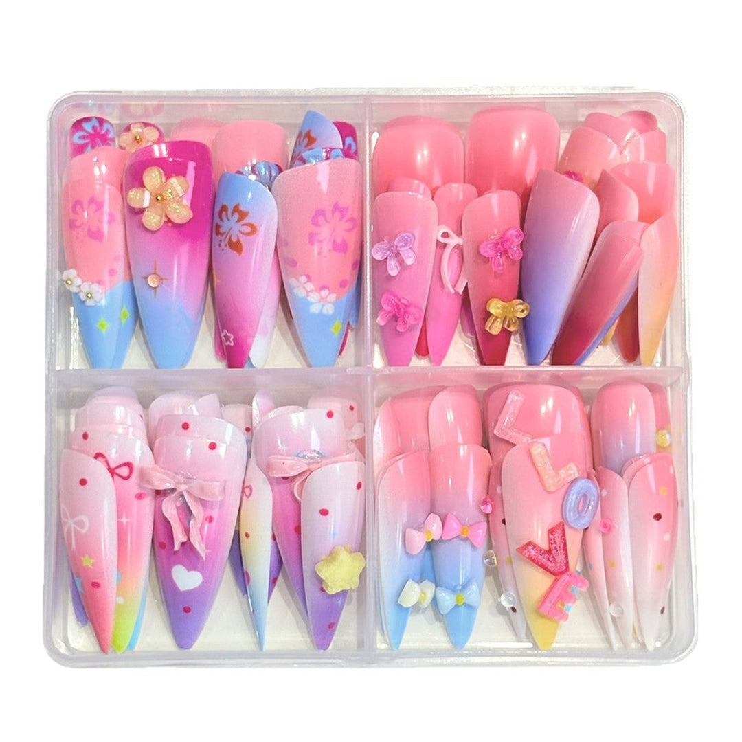 Women's artistic press-on nails with diverse vibrant patterns. Perfect false nail set for quick and stylish beauty.