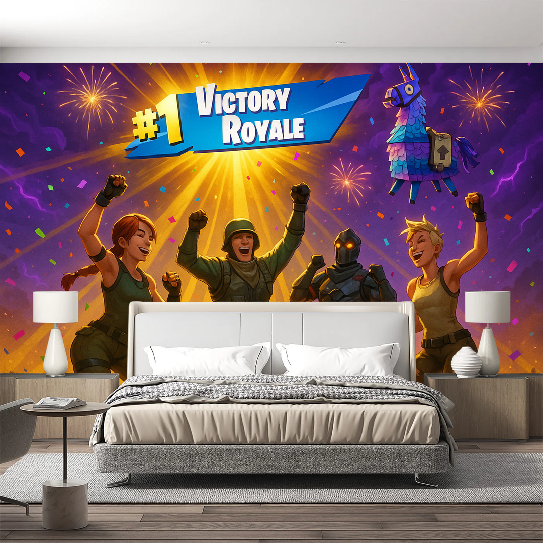Vibrant Battle Royale wall mural for a gamer's room. Purple victory theme wallpaper, perfect for teen bedroom decor.