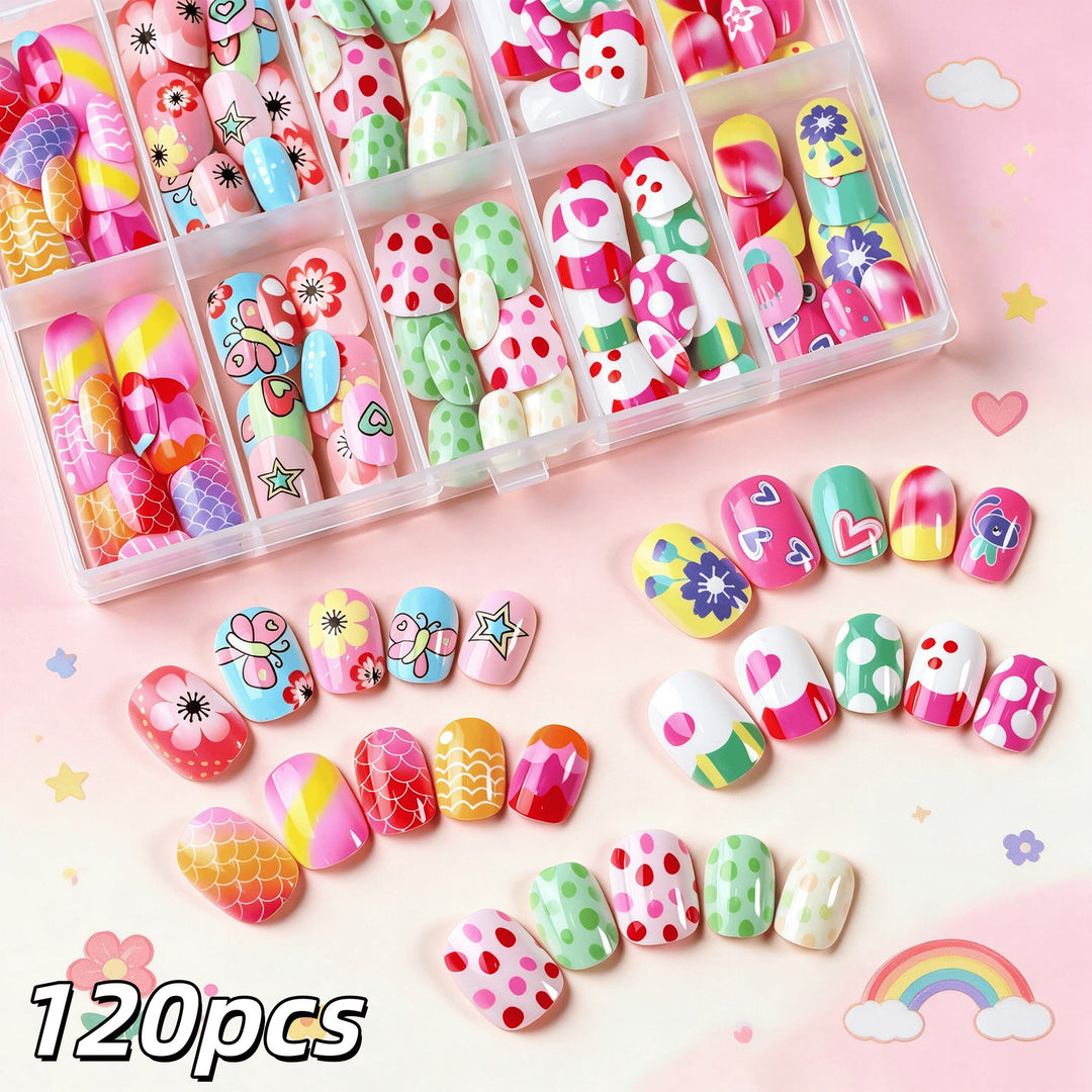 Vibrant cartoon press-on nail art set for women, offering a fun, easy, and reusable manicure with cute designs.