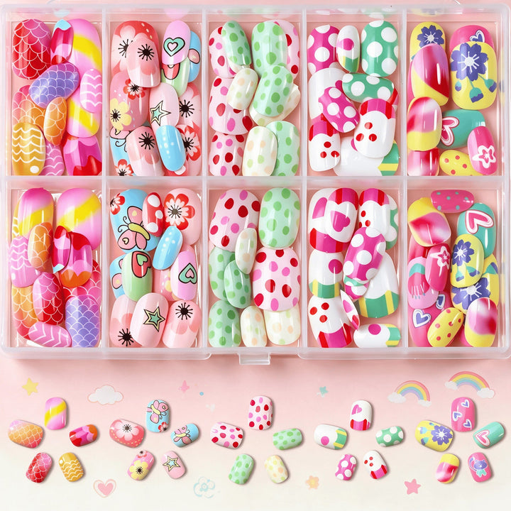 Women's vibrant cartoon press-on nails for quick & easy at-home nail art. Reusable & fun for any occasion.