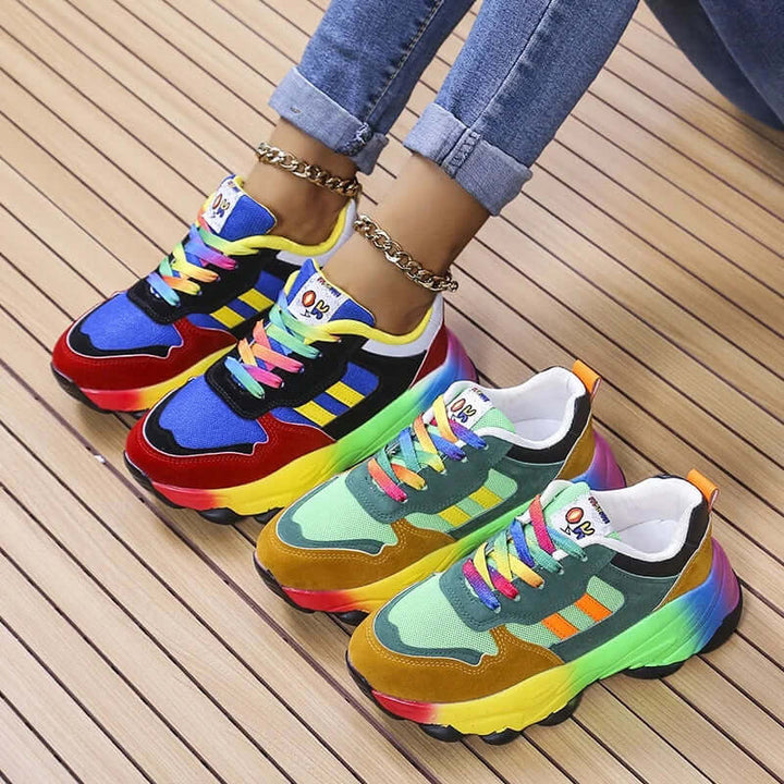 Stylish women's chunky footwear, vibrant platform trainers for a modern casual look.