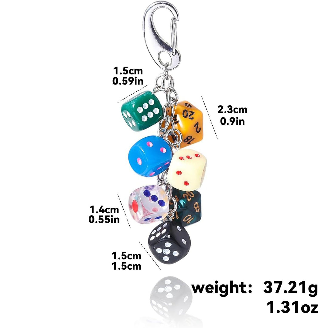 Multi-colored dice keychain, a playful and durable accessory designed for unisex appeal.