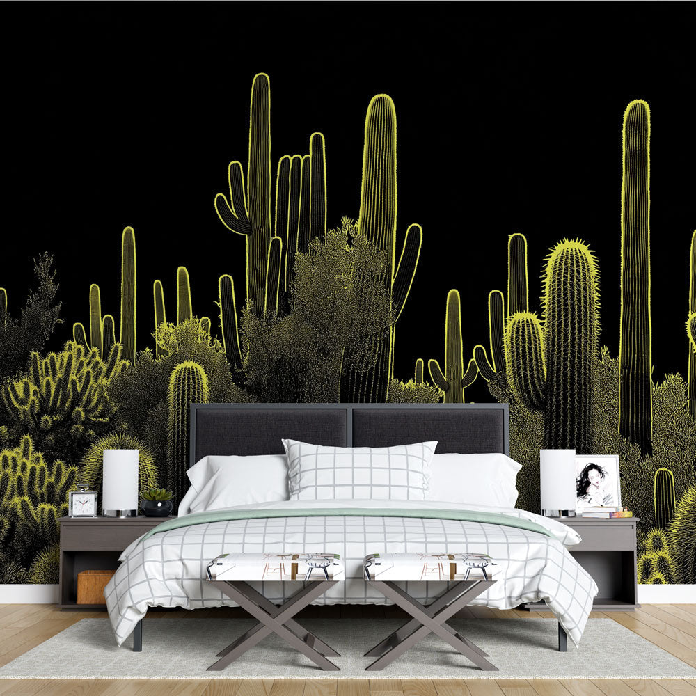Vibrant Desert Night Cactus Wall Mural: Modern peel and stick desert wallpaper with neon cactus art on a black background.