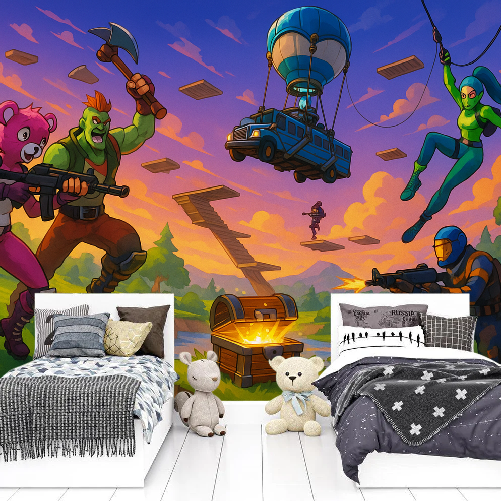 Vibrant Epic Battle Royale gaming wall mural for kids' & teens' rooms. Peel and stick gamer wallpaper with modern design.