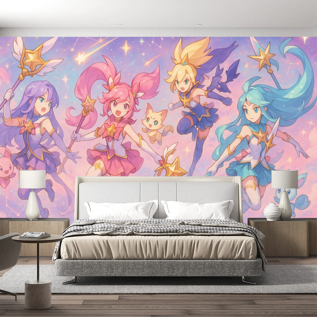 Vibrant fantasy anime wallpaper mural for gaming rooms, with cosmic magic scene. Peel & stick wall decor.