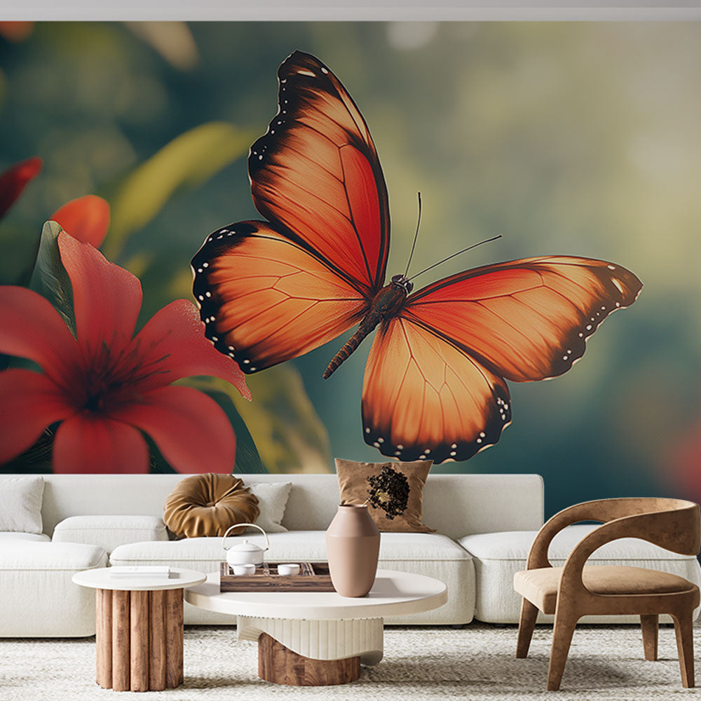 Vibrant floral butterfly wall mural with monarch butterflies, tropical design. Peel and stick nature decor for home accent.